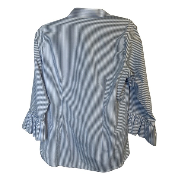 Gretchen Scott Blue White Striped Button Down Shirt 3/4 Ruffled Cuff Sleeves - Picture 2 of 5
